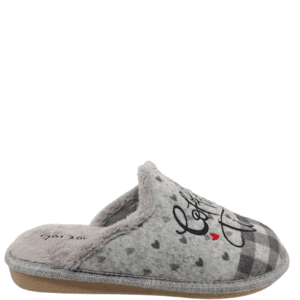 Zapatillas de la marca Garzón modelo P466.279. Zapatillas de casa destalonadas en paño aterciopelado, suela microporosa. Detalle de Coffee Time. Forro y planta en material textil. Plantilla acolchada.