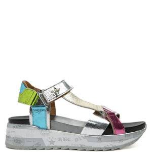 Cetti C-1316 plata. Sandalia de piel con tiras en combinación de materiales en animal print. Cierre de velcro. Suela de goma deportiva.